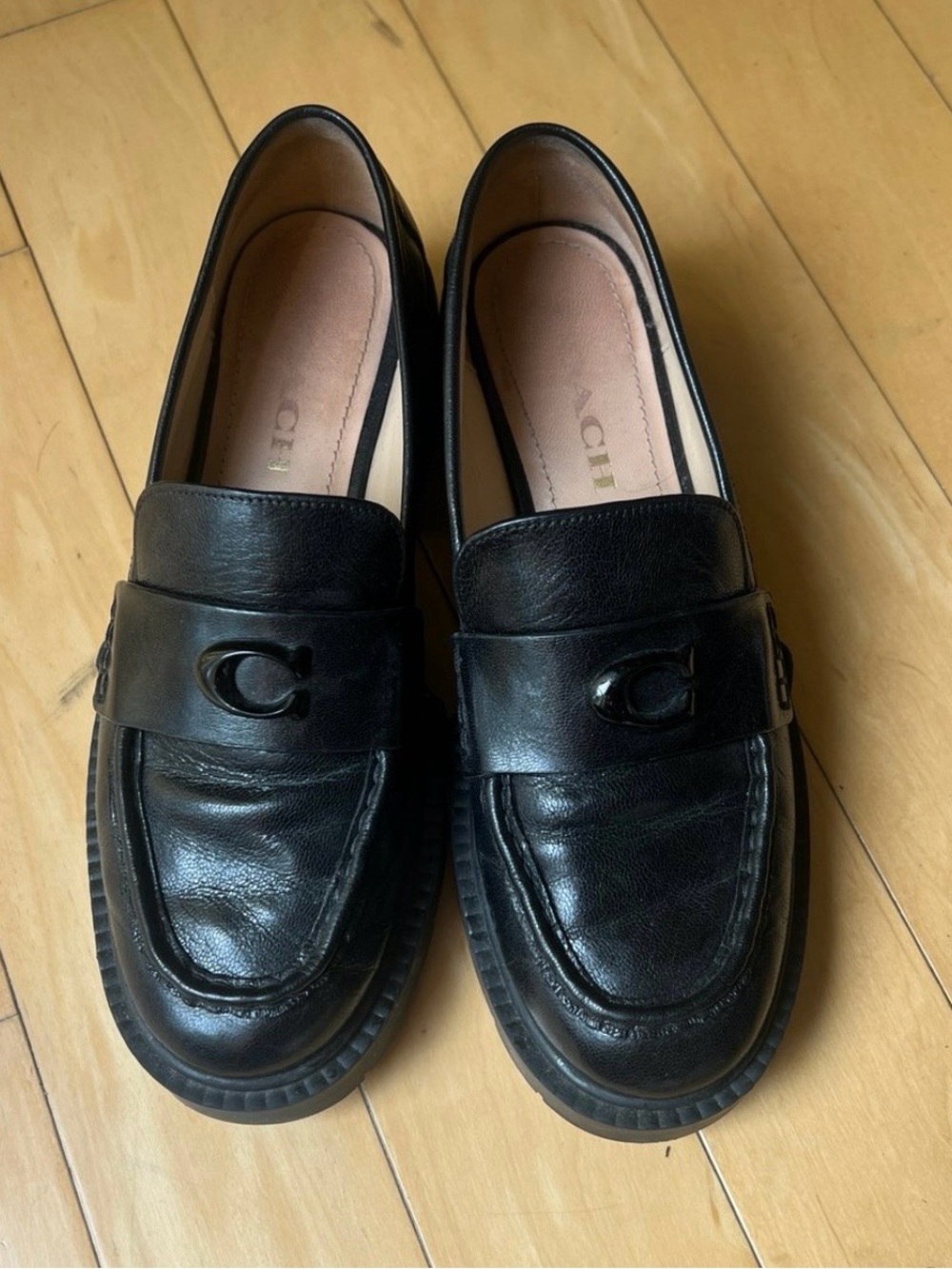 Coach Black Leather Penny Loafers with Signature 'C' Hardware